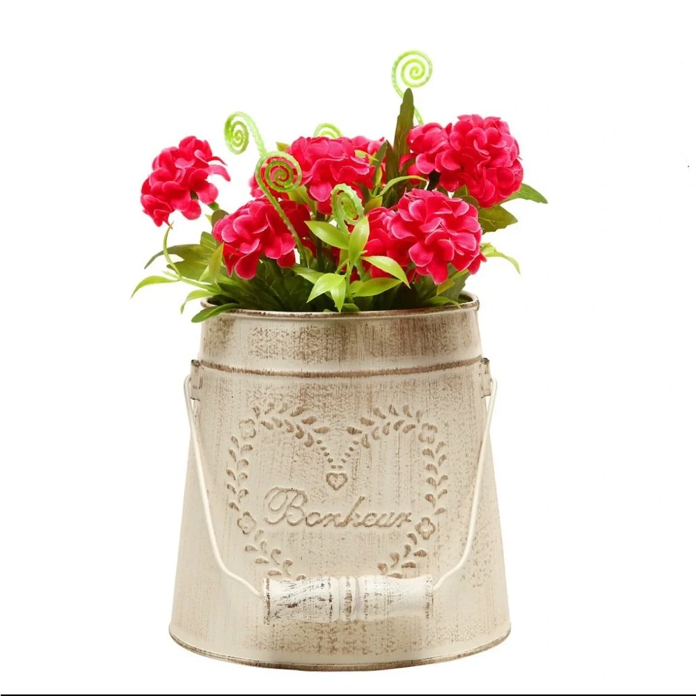 Vintage Style Rustic Metal Garden Decor Bucket French style”Bonjour“